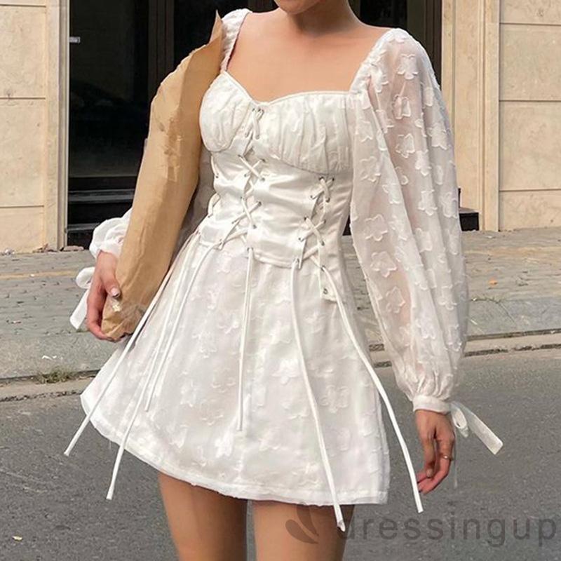 DRE-Women Summer Short A-line Dress,Mesh Sheer Puff Sleeve Square Neck Dress