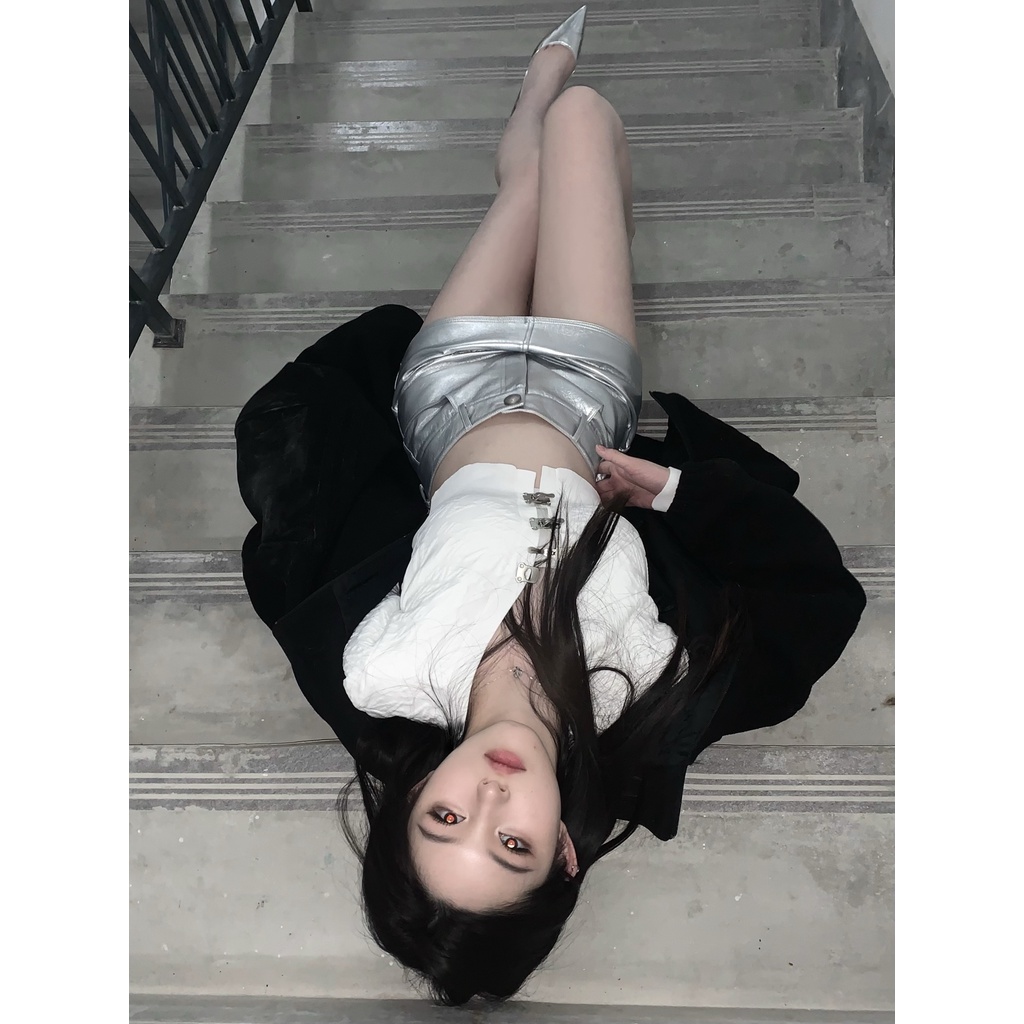 Cocory vn Chân Váy Ngắn Lưng Cao Màu Bạc Thời Trang Quyến Rũ Cho Nữ