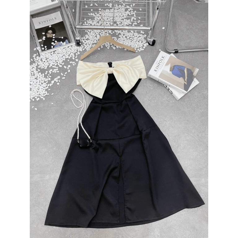 Đầm Dáng Xòe Xẻ Tà Phối Nơ Trắng Ngực, Màu Đen Chất Tapta Sang Chảnh Phù Hợp Đi Tiệc, Đi Chơi, Du Lịch [NEW UNISEX]