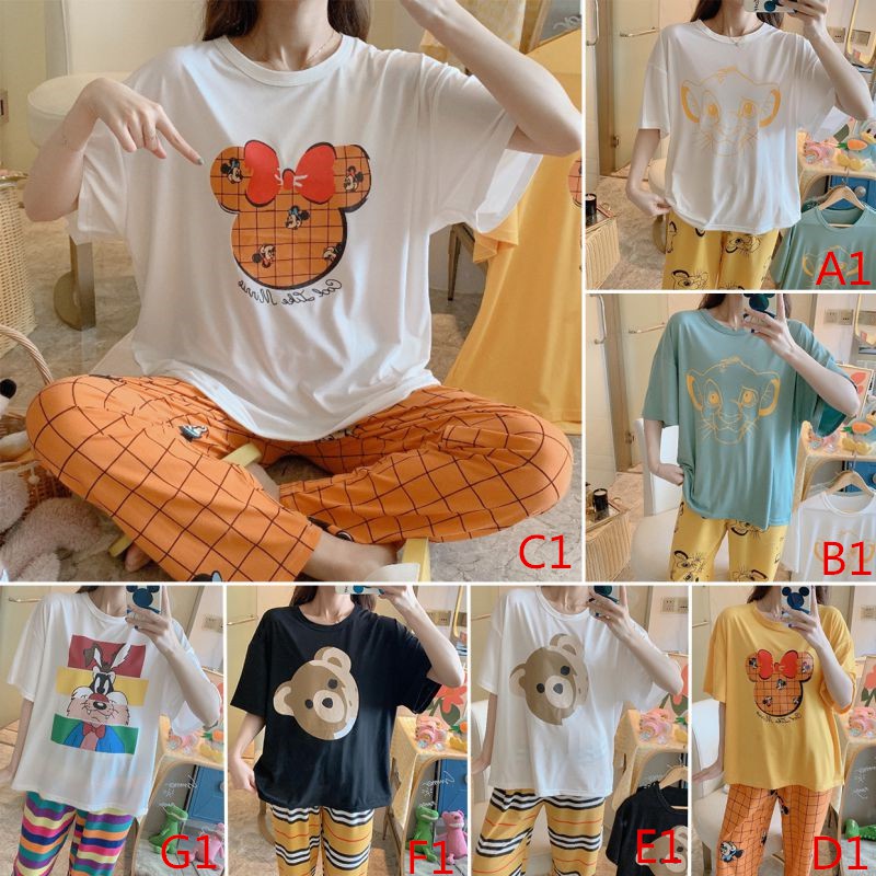 Bộ Đồ Ngủ Pijama Ngắn Tay In Hoạt Hình Dễ Thương Cho Nữ