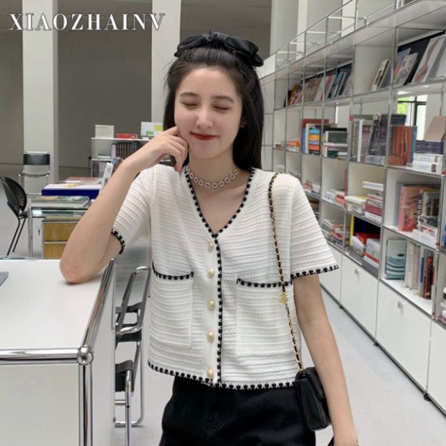 🌼🌸ÁO ĐẸP Xiaozhainv Áo cardigan dệt kim tay ngắn cổ chữ V phong cách cổ điển Hàn Quốc 🌼🌸MÀU TƯƠI Vải Đẹp