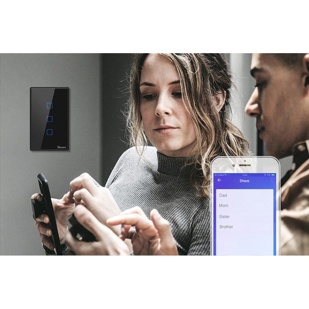 [Bản mới]Công tắc wifi Sonoff TX màu đen - mẫu T3 chuẩn Mỹ âm tường(1 nút, 2 nút, 3 nút) - có thể dùng remote 433mhz
