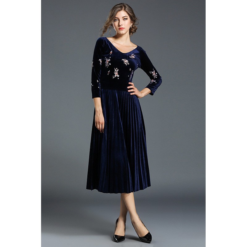 Real Shot Women's High Quality Embroidered Velvet Midi Pleated Party Dress | BigBuy360 - bigbuy360.vn