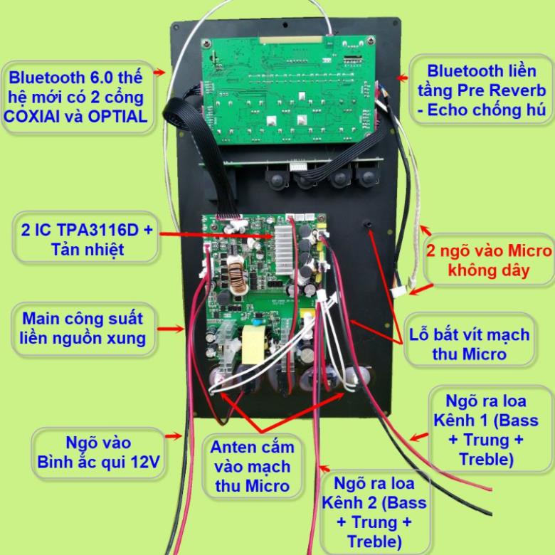 Mạch loa kéo 2 kênh riêng biệt Reverb Echo chống hú 2 IC TPA3116D2 150W + 150W cho loa kéo 4 tấc đôi - mạch đứng