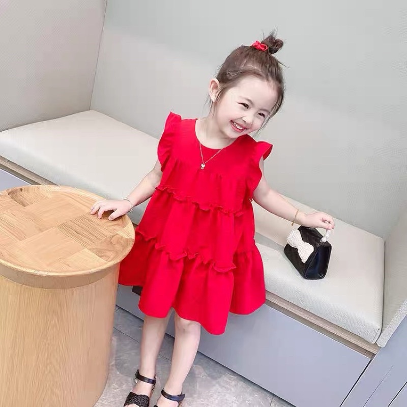 Váy Thiết Kế, Váy Bé Gái Cánh Tiên Chất Liệu Đũi Xước Nhún Bèo Nhiều Tầng Cho Bé 9-25Kg