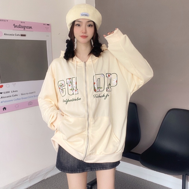 ZHELIHANGFEI Áo Khoác Hoodie Tay Dài Dáng Rộng Thêu Họa Tiết Xinh Xắn