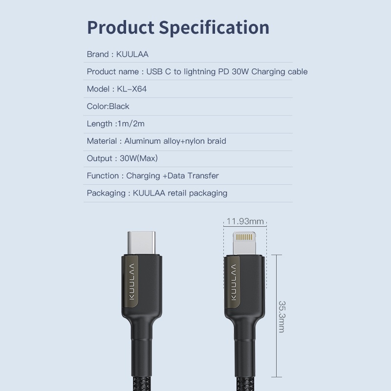 Cáp Sạc Nhanh KUULAA Cổng USB C Sang Lightning Cho iPhone 12 Mini Pro Max 11 8 7 PD 20W 30W