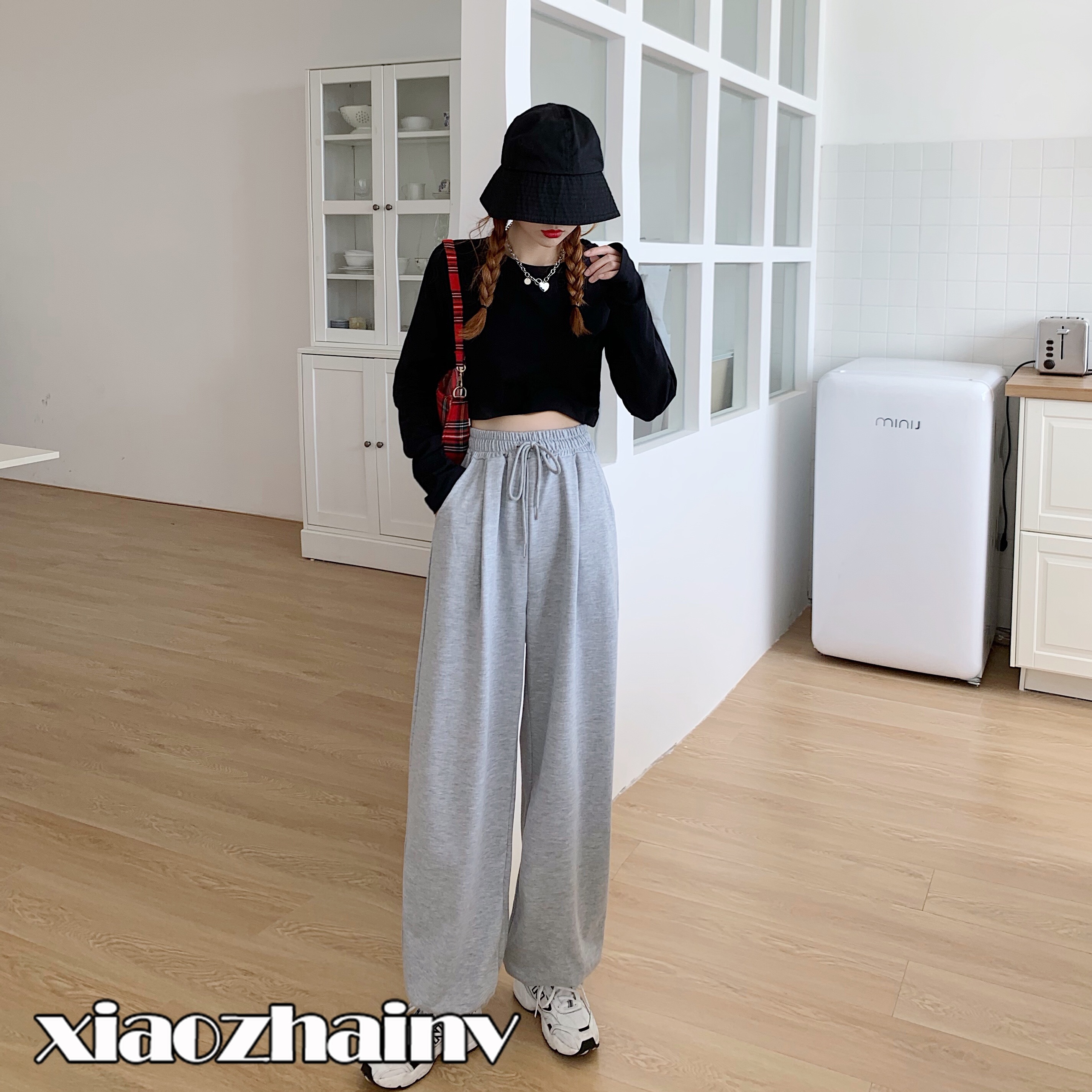 Xiaozhainv Quần Thể Thao Nữ Lưng Cao Dáng Rộng Màu Xám | BigBuy360 - bigbuy360.vn