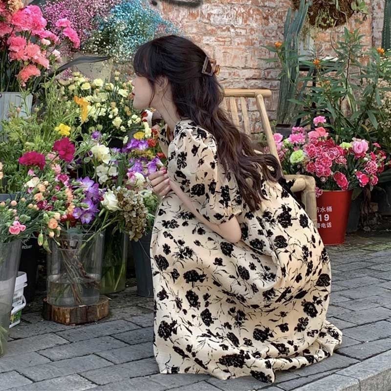 Đầm Dài Đến Gối Tay Phồng In Họa Tiết Hoa Phong Cách Retro Thời Trang Mùa Hè Mới