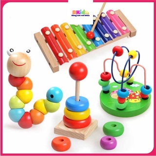 Combo đồ chơi gỗ- sâu- đàn-tháp-luồn hạt