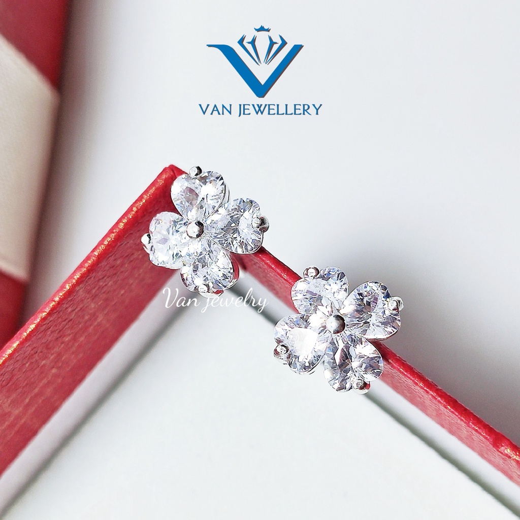 Khuyên tai bạc khuyen tai cỏ 4 lá nạm đá sáng lấp lánh Van Jewelry V10042