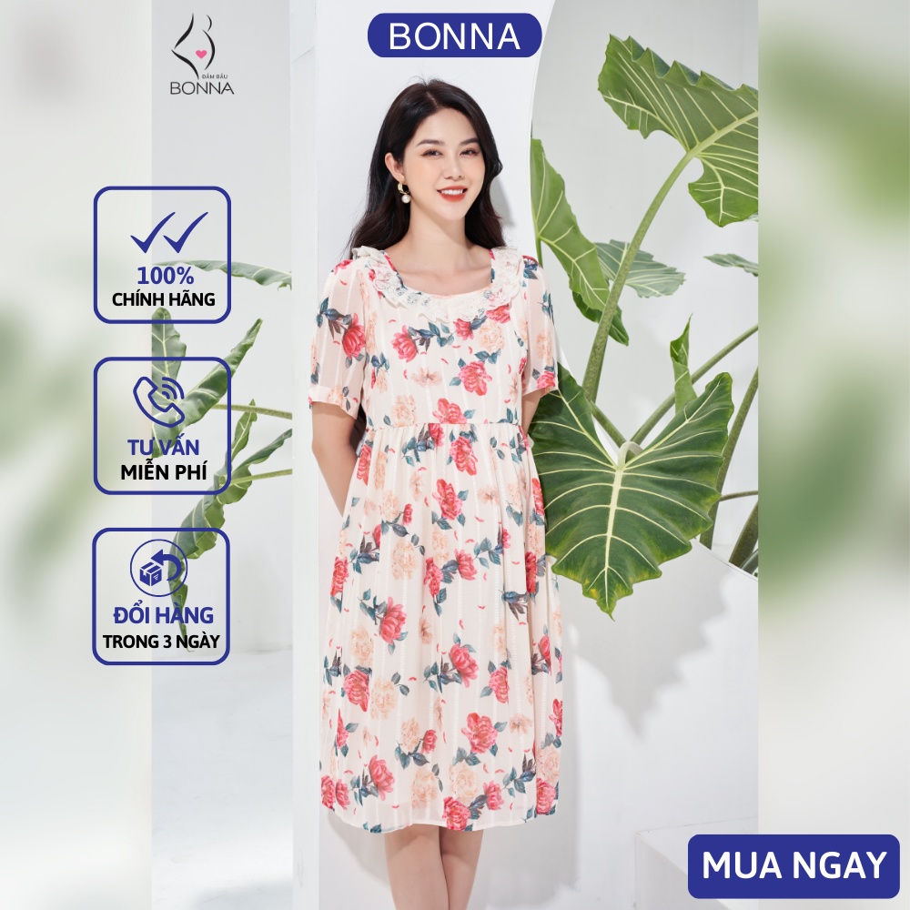 Váy bầu mùa hè BONNA kiểu dáng suông xòe nhẹ, chất liệu vải tằm cao cấp, phối họa tiết hoa hồng sang trọng LX006