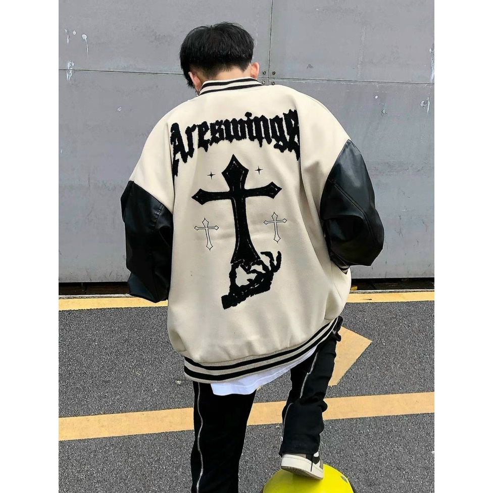 Áo khoác bomber Cream tay da đen form rộng