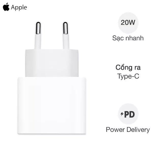Sạc Nhanh Apple 20W Type-C Chuẩn PD cho iPhone 12 Pro Max - Chính Hãng