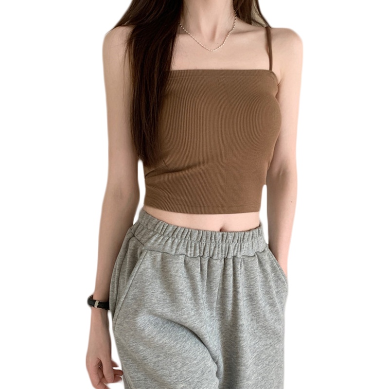 Brroa Áo Ống Hai Dây Dệt Kim Mỏng Màu Trơn Có Gân Và Đệm Ngực Cho Nữ