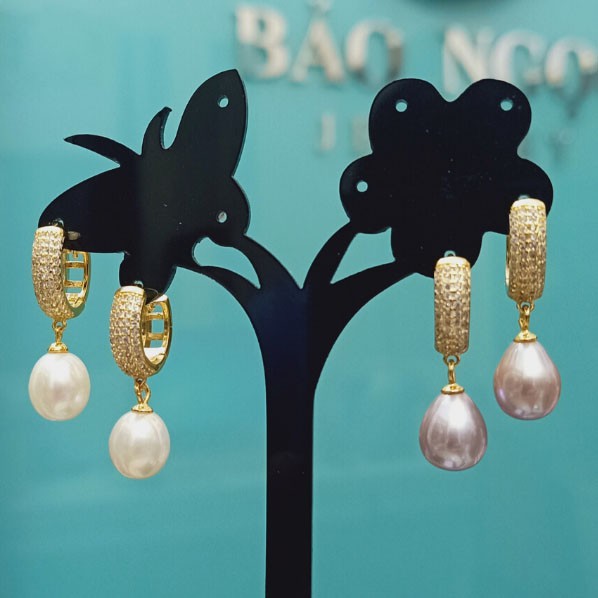 Khuyên Tai Nữ, Bông Tai Bạc S925 Xi Vàng Khoen Tròn Gắn Hạt Sang Trọng B2540 - Bảo Ngọc Jewelry