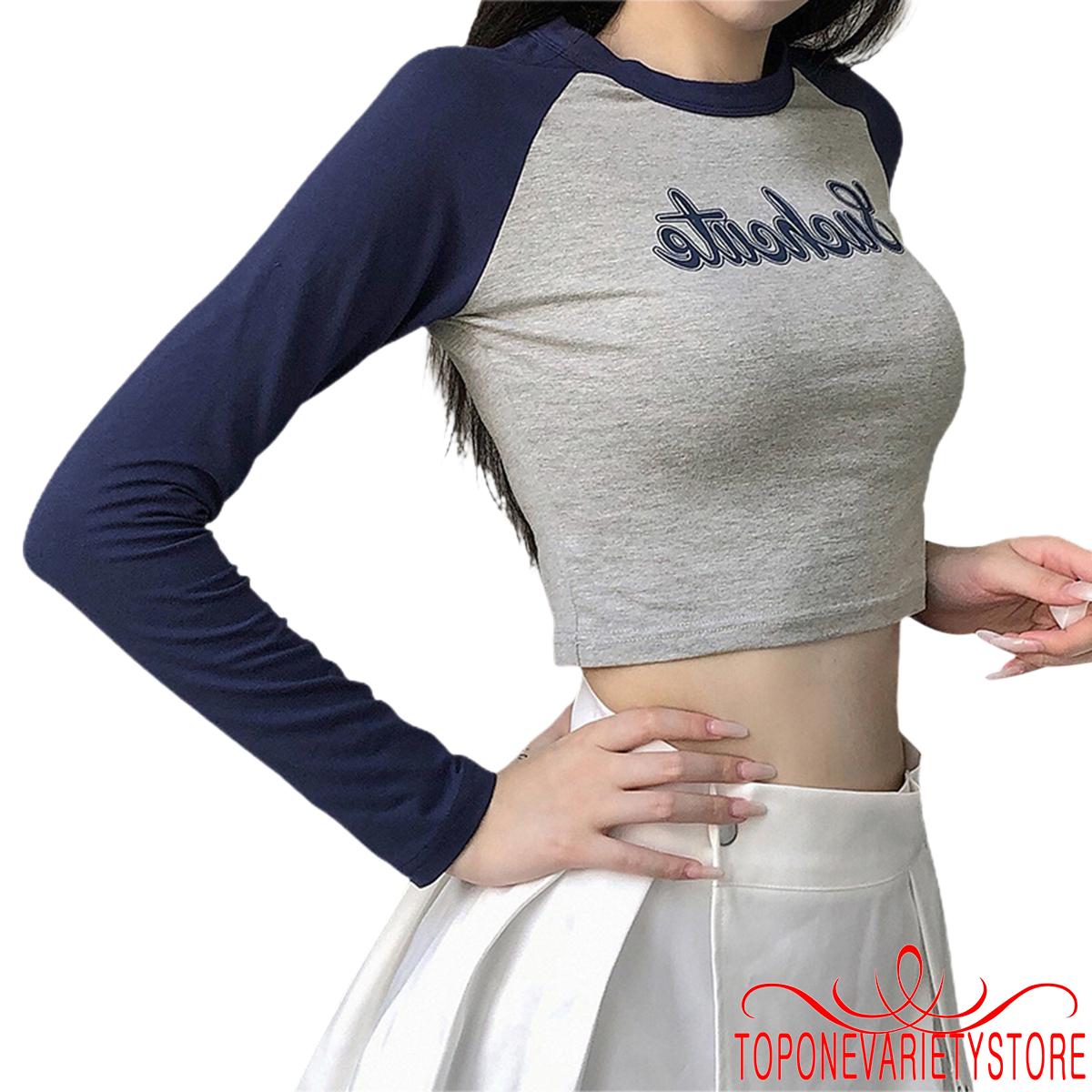 Áo Crop Top Tay Dài in Chữ Kiểu Raglan Thời Trang Dành Cho Nữ