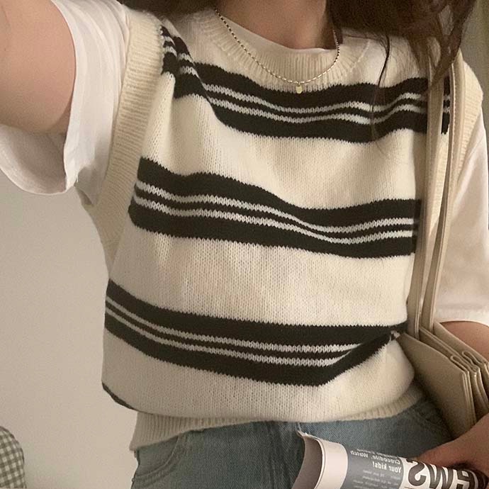 SUXI Áo Len Không Tay Cổ Chữ V Họa Tiết Kẻ Sọc Thời Trang Hàn Quốc Dễ Phối Đồ Cho Nữ