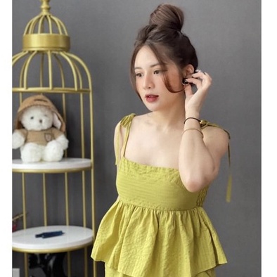 Set 2 dây babydoll dáng xòe xanh cốm quần ống rộng BN850