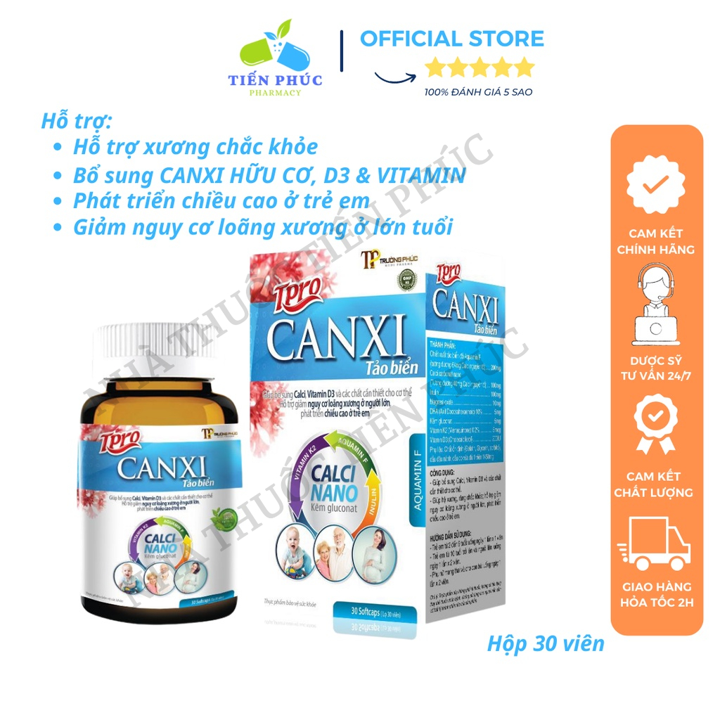 CANXI TẢO BIỂN Bổ sung canxi hữu cơ từ tảo biển và vitamin D3 Magie giảm loãng xương, tăng chiều cao LỌ 30 VIÊN