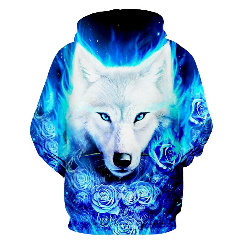 Áo thun hoodie tay dài nón dây rút có túi họa tiết sói trắng phối hoa hồng xanh độc đáo | BigBuy360 - bigbuy360.vn