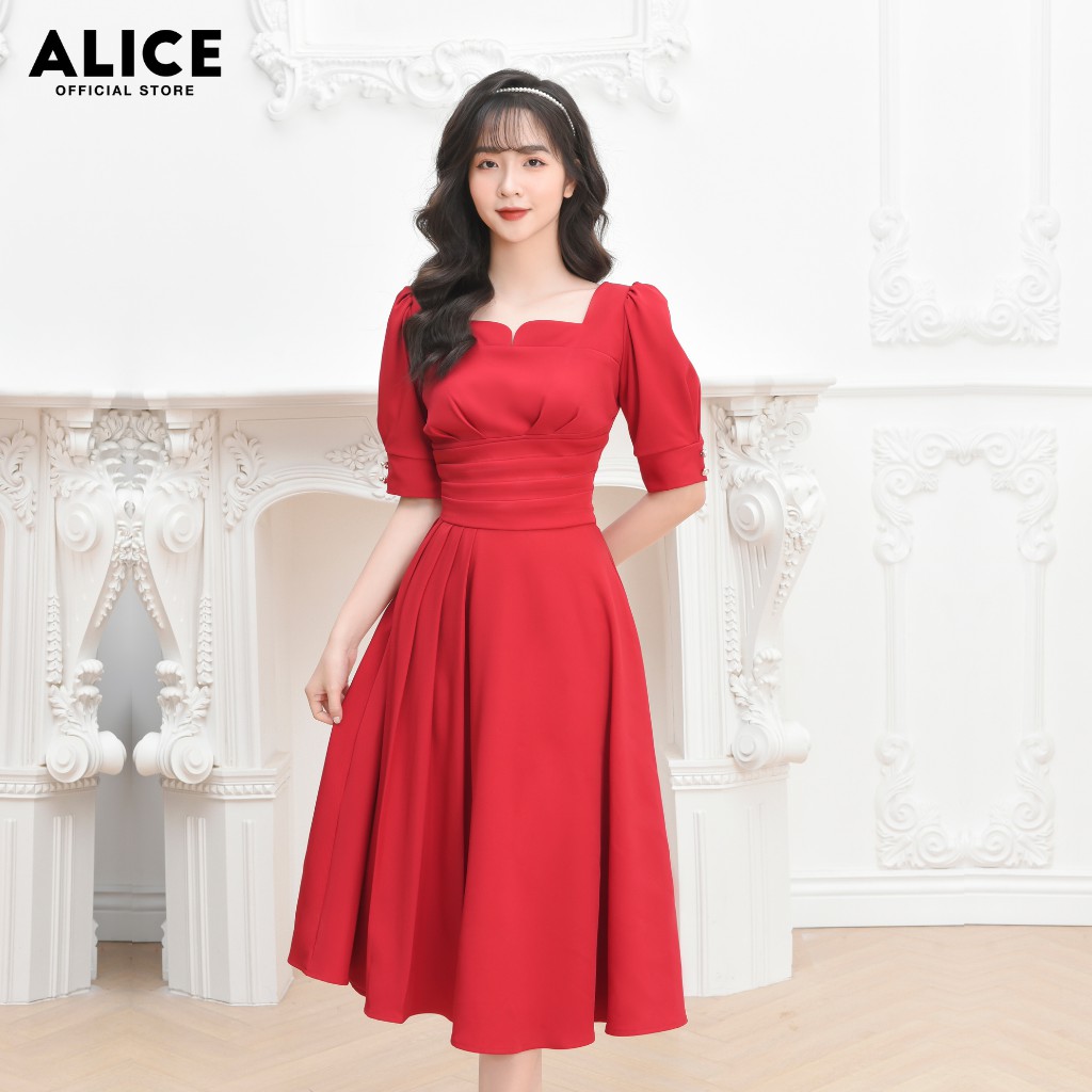 Đầm Thiết Kế Dự Tiệc Sang Trọng ALICE Dáng Dài Xòe Xếp Ly Cổ Vuông Tay Phồng Lỡ Thắt Eo Tôn Dáng V695