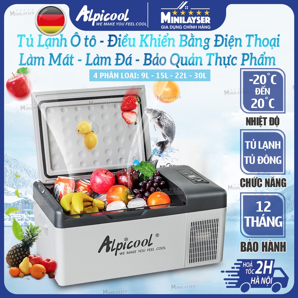 Tủ Lạnh Mini, Đông Đá Cho Xe Hơi Alpicool 9L 15L 22L 30L, Tủ Lạnh Di Động Dùng Cho Ô Tô Và Gia Đình Cao Cấp BH 12 Tháng