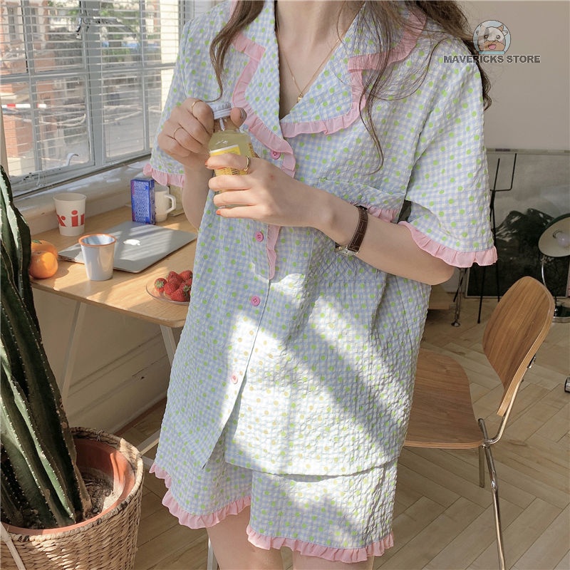 Set đồ ngủ tay ngắn họa tiết chấm bi phong cách Nhật Bản thời trang mùa hè đáng yêu dành cho nữ