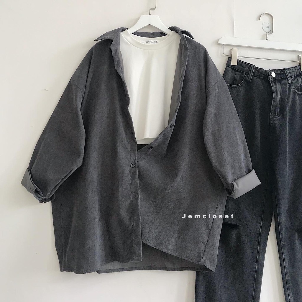 Áo Sơ Mi Nữ Dài Tay Chất Nhung Gân Kiểu Vintage Cá Tính Có 2 Màu Be Xám Wd - 1973 JEMCLOSET