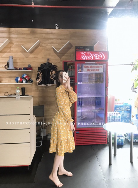 [Mã WARN20 giảm 20k đơn 150k] Váy hoa nhí cổ nơ chun eo dài tay ( hình shop tự chụp kèm video ) | BigBuy360 - bigbuy360.vn