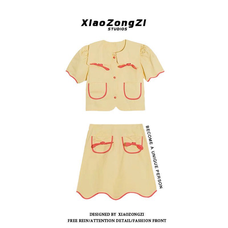 Set áo sơ mi cổ búp bê đính nơ + chân váy lưng cao dáng ôm thời trang mùa hè Nhật Bản dễ thương cho nữ có bán lẻ