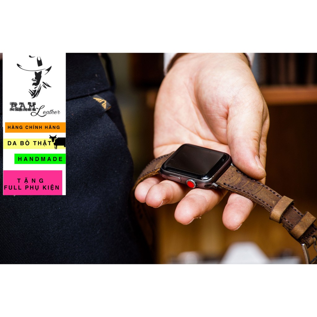 Dây đồng hồ Apple Watch , Iwatch , Iphone Watch Da Bò Nâu Đất Họa Tiết Trống Đồng RAM Leather  Bền Đẹp