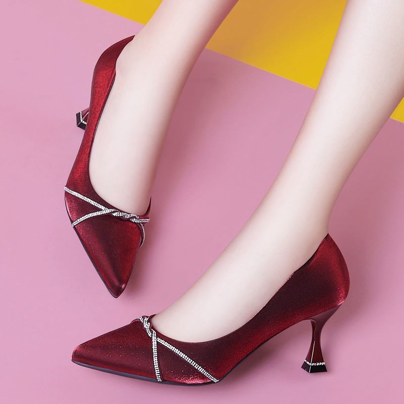 ﹉✈✵Spring and autumn new style rhinestone satin pointed red high heels women s shallow stiletto party dress single shoes