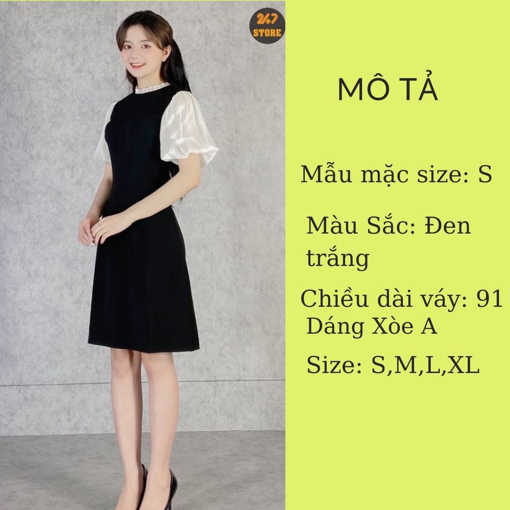 Đầm công sở chữ A 247STORE (2 màu), dáng dài, cộc tay, tay bồng, cổ tròn, ôm eo, vải trượt hàn mềm nhẹ