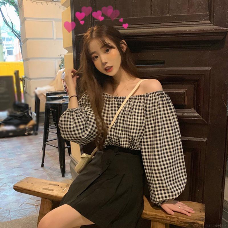 Áo sơ mi tay dài phồng dáng rộng trễ vai họa tiết sọc ca rô thời trang cho nữ