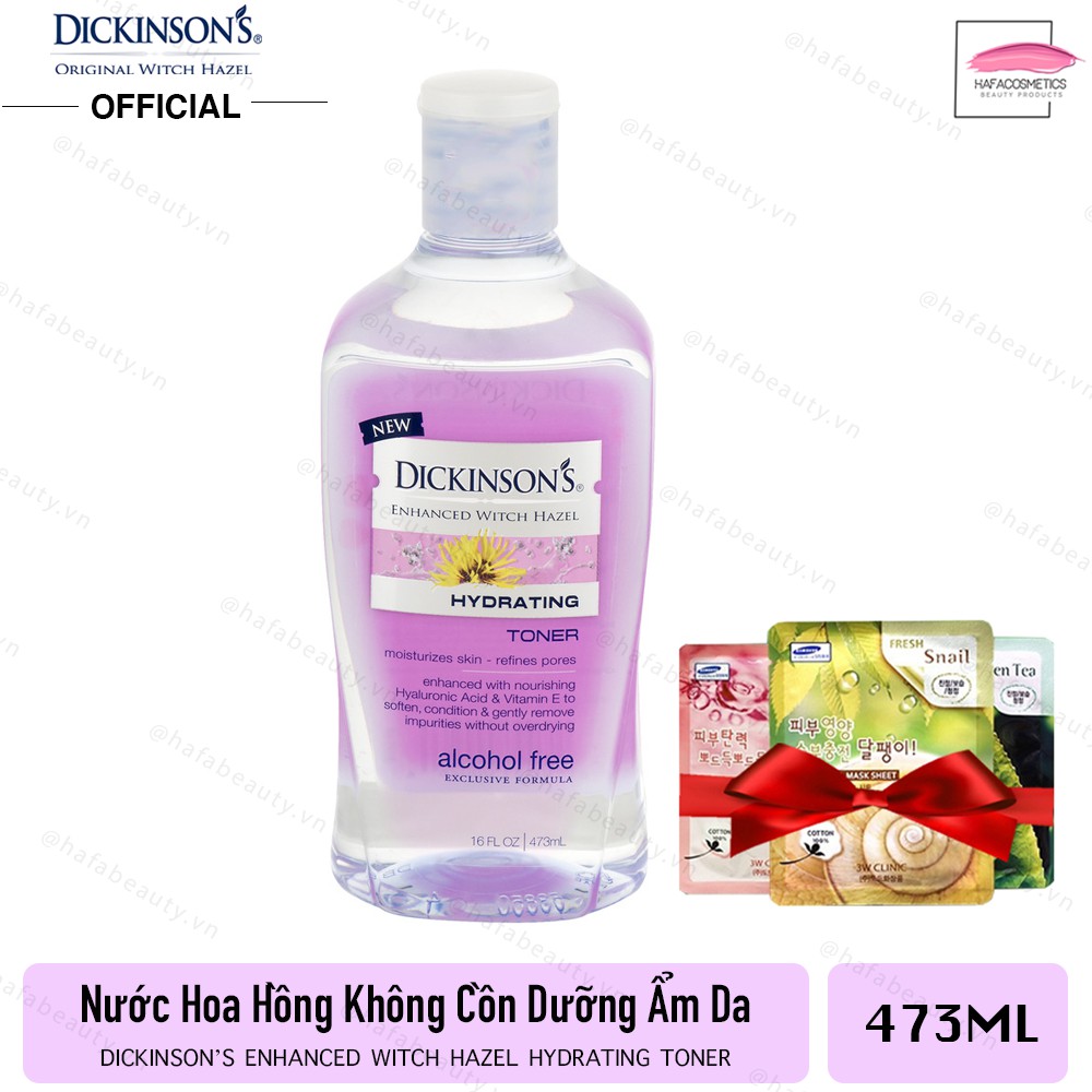 Nước hoa hồng không cồn DICKINSON'S Enhanced Witch Hazel Hydrating Toner 473ml + Tặng 1 Mặt nạ 3W Clinic (ngẫu nhiên)