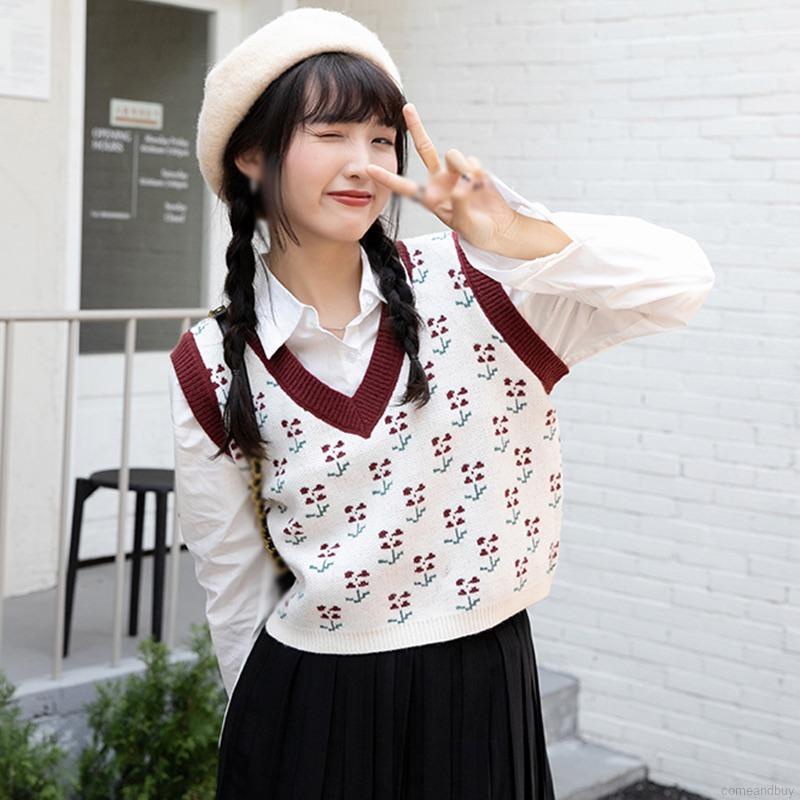 Áo Dệt Kim Sát Nách Cổ Chữ V Màu Sắc Tương Phản Phong Cách Retro Hàn Quốc