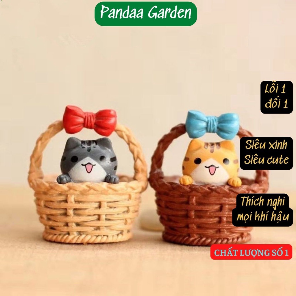 Phụ kiện trang trí mèo con ngồi giỏ siêu đáng yêu, siêu cute