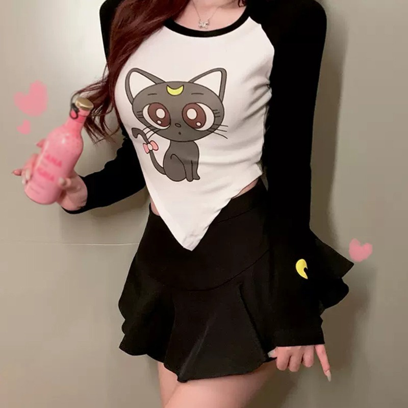 Áo Thun Croptop Tay Dài Cổ Tròn In Họa Tiết Màu Tương Phản Phong Cách Hàn Quốc Cho Nữ