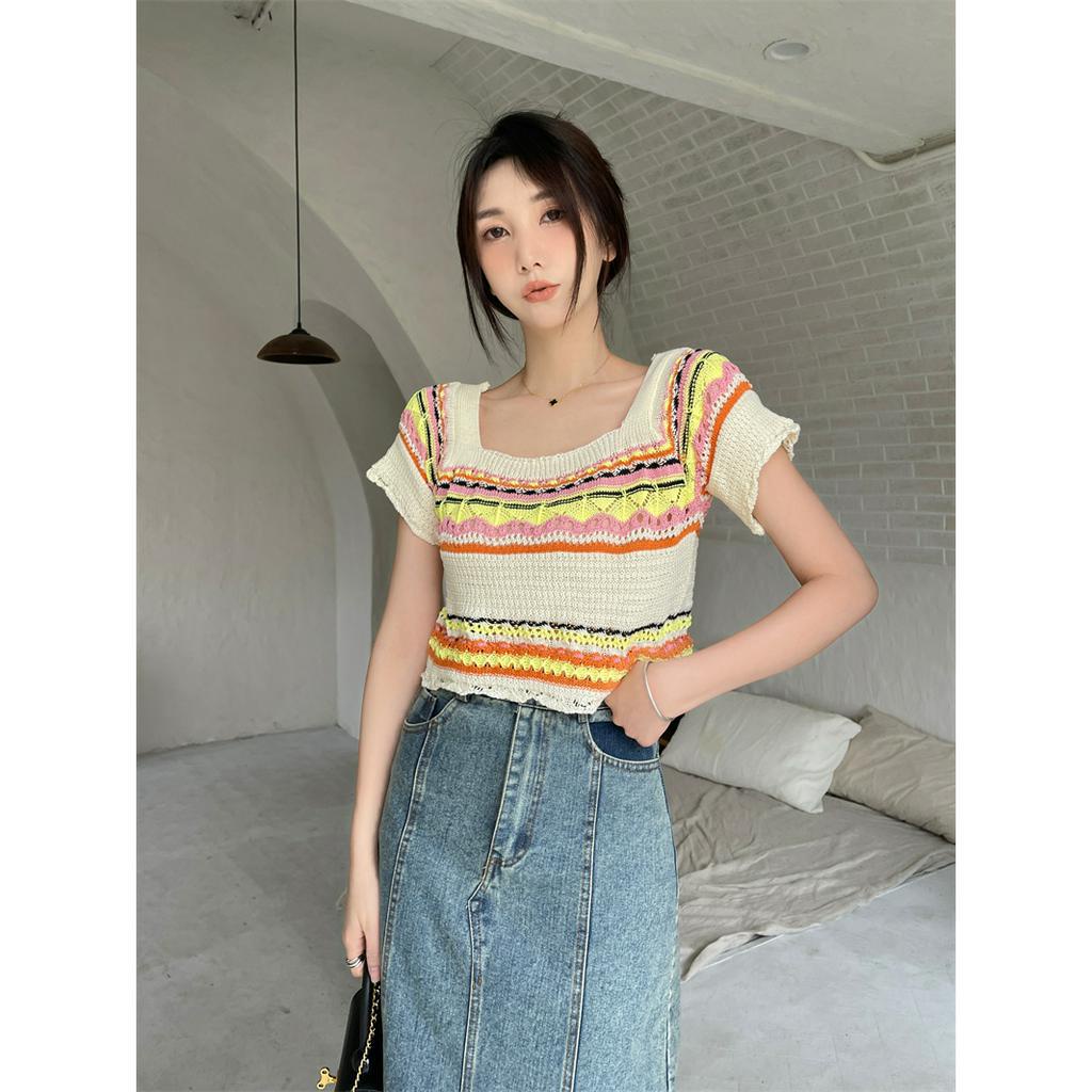 Áo Thun Croptop Dệt Kim Tay Ngắn Cổ Vuông Họa Tiết Kẻ Sọc Cầu Vồng Thời Trang Mùa Hè Mới Cho Nữ