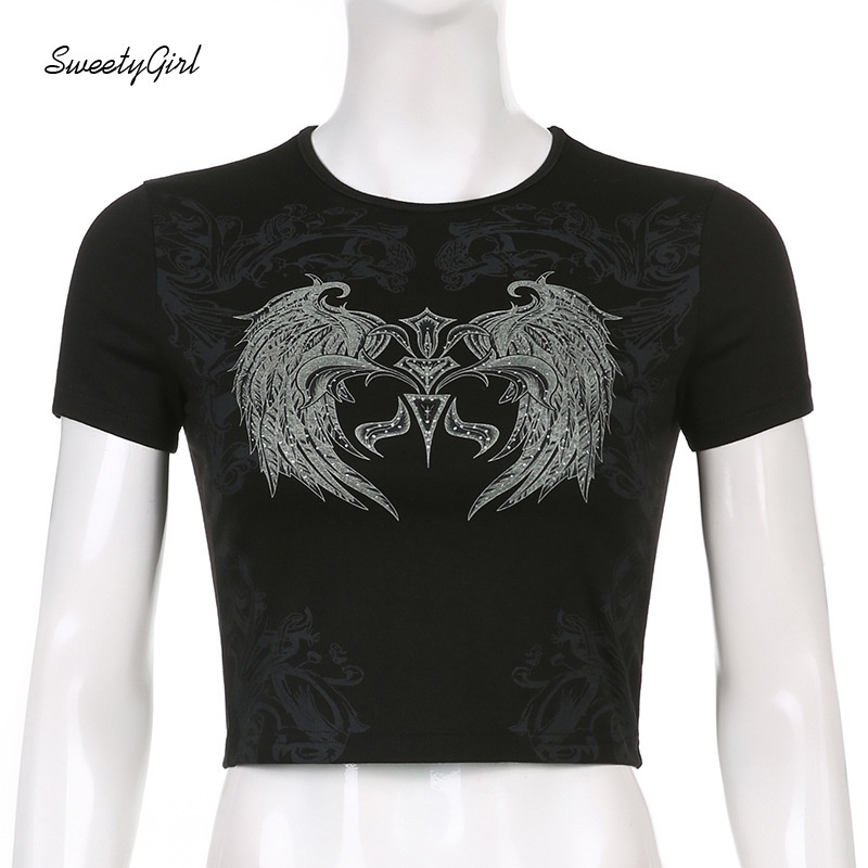 Áo Croptop Cổ Tròn Ngắn Tay In Hình Đôi Cánh Phong Cách Retro Thời Trang Dành Cho Nữ 2022