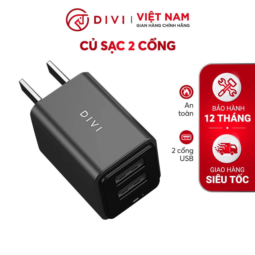 Củ Sạc 2 cổng - DIVI P2212 Dòng 2.4A - Hàng phân phối chính hãng - Bảo hành 12 tháng 1 đổi 1