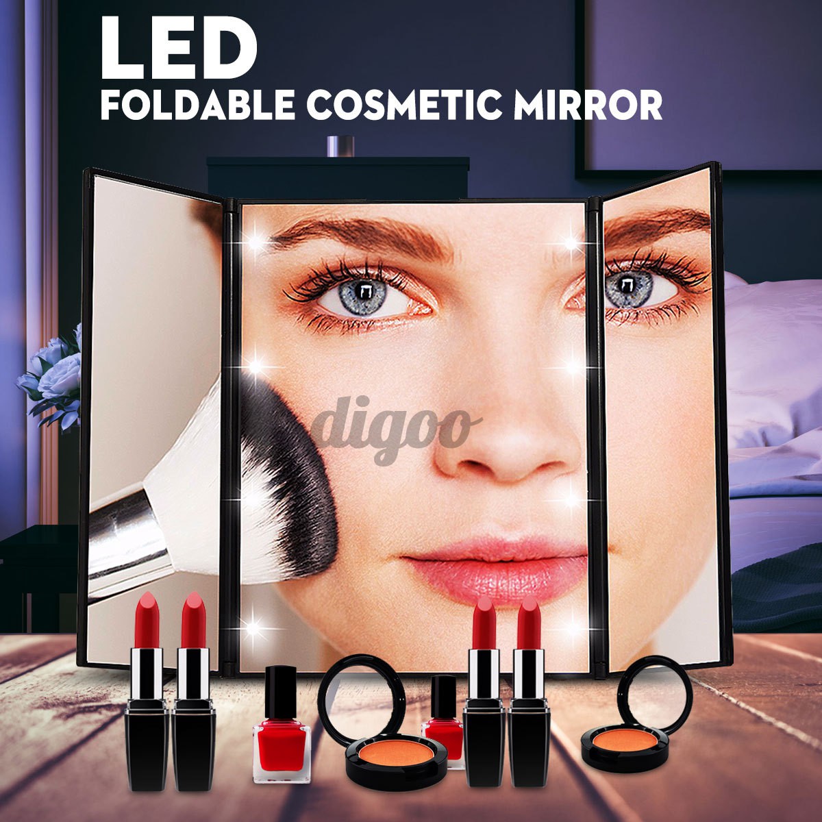 Makeup Tri-sided Foldable Portable Lighted Tabletop 8 LED Beauty Vanity Mirror