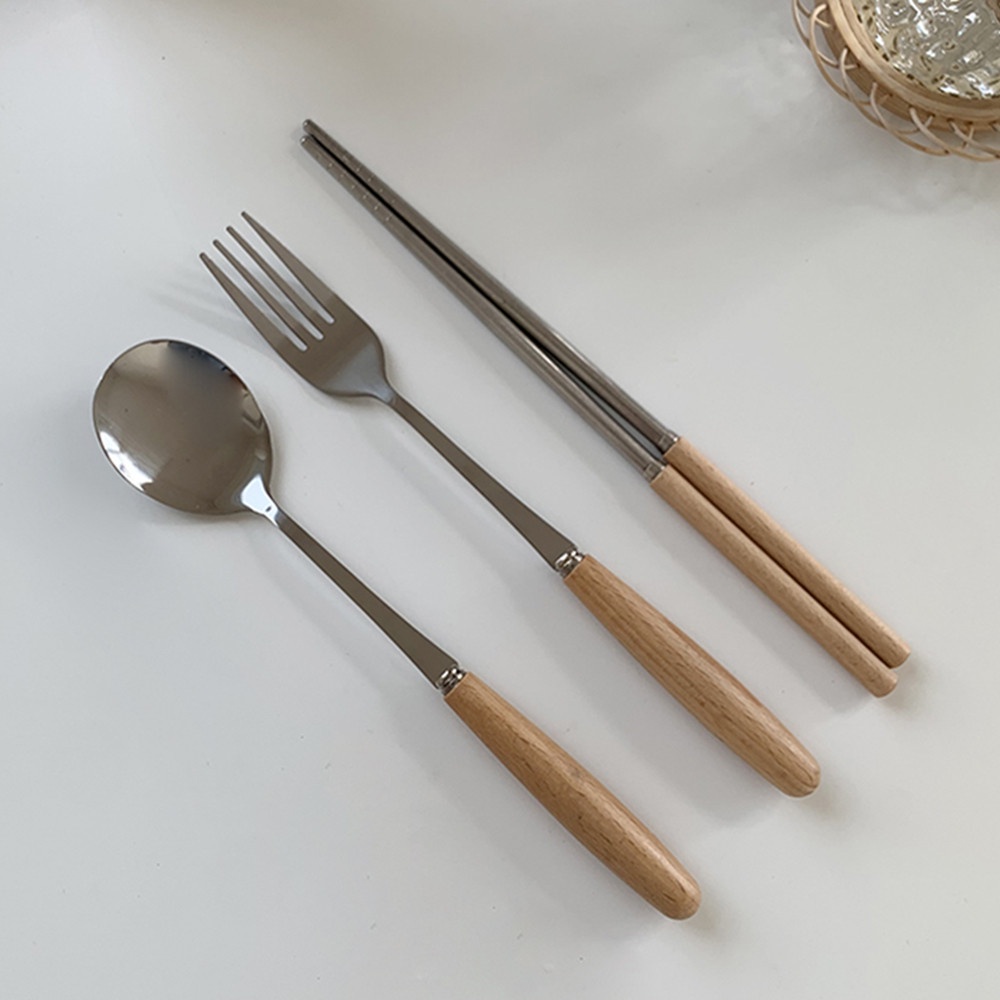 Bộ muỗng đũa nĩa tay cầm gỗ hình trụ đơn giản thích hợp làm quà tặng