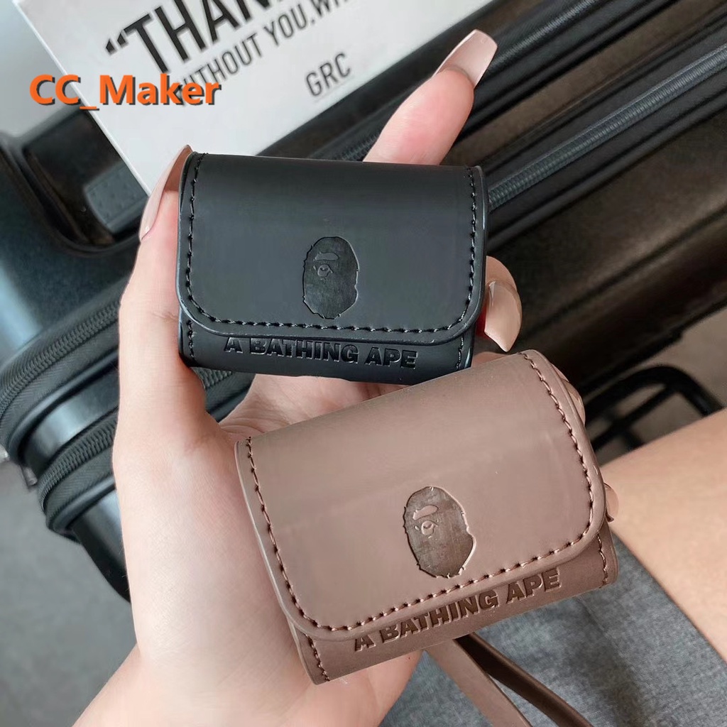 Bao da mềm họa tiết BAPE bảo vệ cho hộp sạc tai nghe AirPod 1/2/Pro kèm dây đeo ngắn