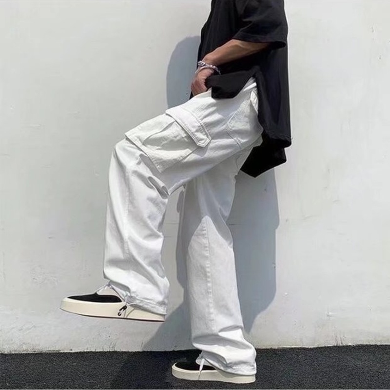 Quần Hiphop Ống Rộng Nhiều Túi Cotton Màu Trắng/Đen Thời Trang Cho Nam