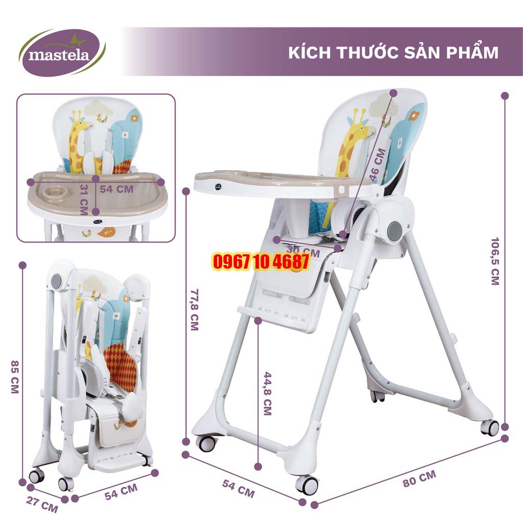 Ghế ăn dặm đa năng cho bé Mastela 1015 có 5 mức nâng hạ độ cao, 3 chế độ ngả, dùng cho bé từ 4 tháng - 5 tuổi