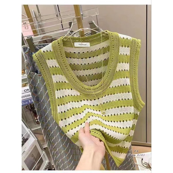 Áo len lưới kẻ viền hàng QC