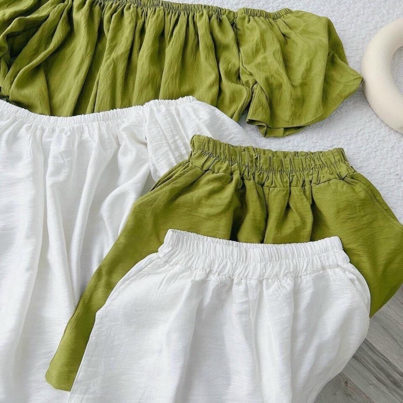 Set Bộ Nữ Trễ Vai + Quần Sooc - Halinh Shop - Set Bộ Trễ Vai Phối Quần Sooc Đùi Cạp Chun 2 Màu Xanh Bơ , Trắng