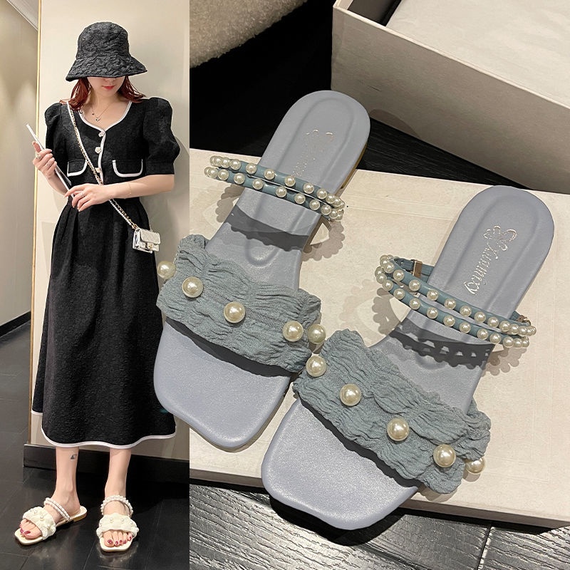 Dép Sandal Đế Bằng Quai Ngang Đính Ngọc Trai Thời Trang Mùa Hè Dành Cho Nữ